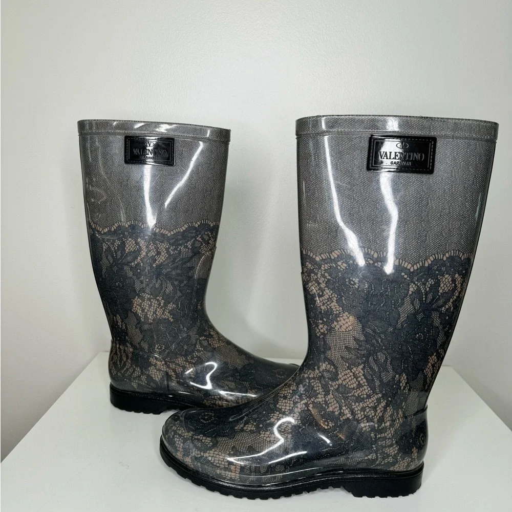 Valentino Garavani Blue Blush Lace Printed Rain Boots - Luxury and Elegance